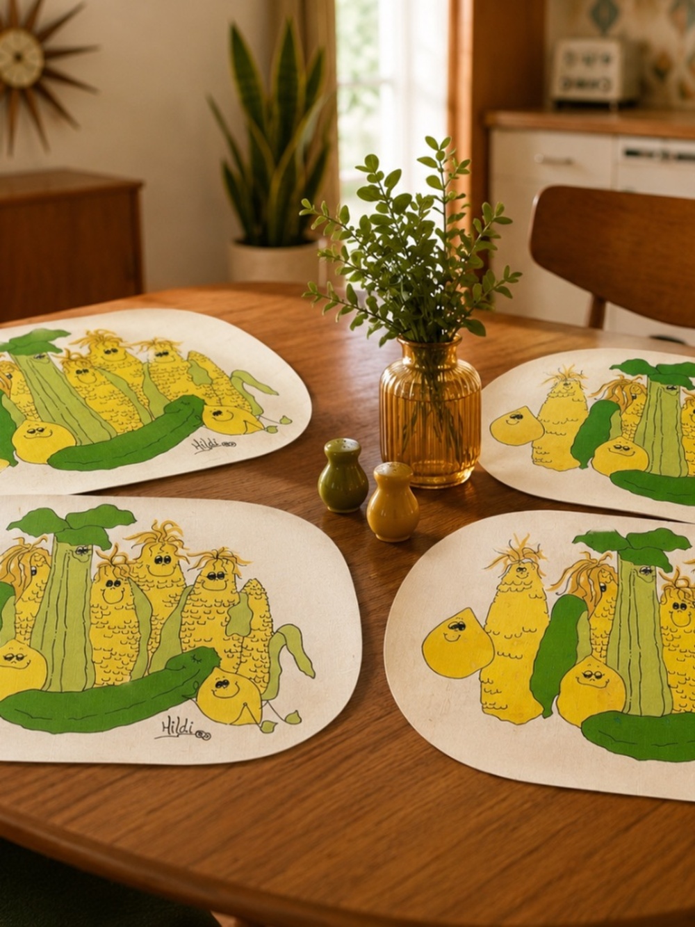 Vintage Hildi Happy Vegetables Placemats Set of 4 MCM Retro Kitchen Mod Kitsch